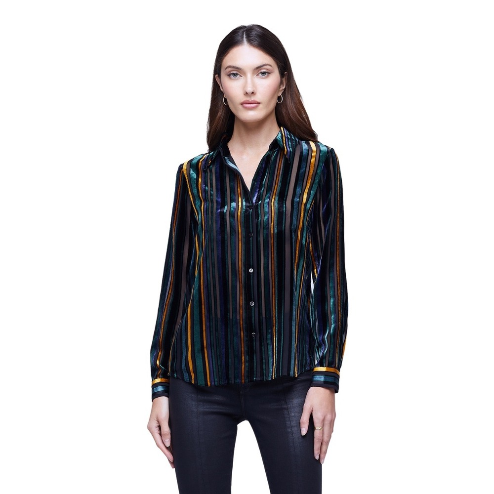 L'AGENCE Laurent Velvet Burnout Blouse Multi Color Stripe Button Down Top Large